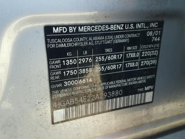 4JGAB54E22A293880 - 2002 MERCEDES-BENZ ML 320 SILVER photo 10