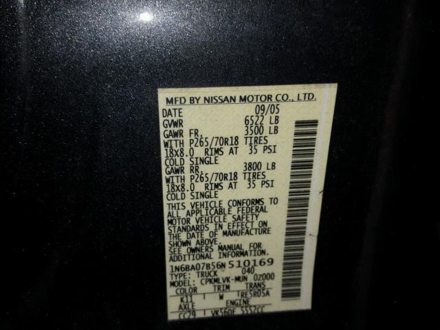 1N6BA07B56N510169 - 2006 NISSAN TITAN XE GRAY photo 10