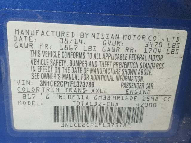 3N1CE2CP1FL373789 - 2015 NISSAN VERSA NOTE BLUE photo 10