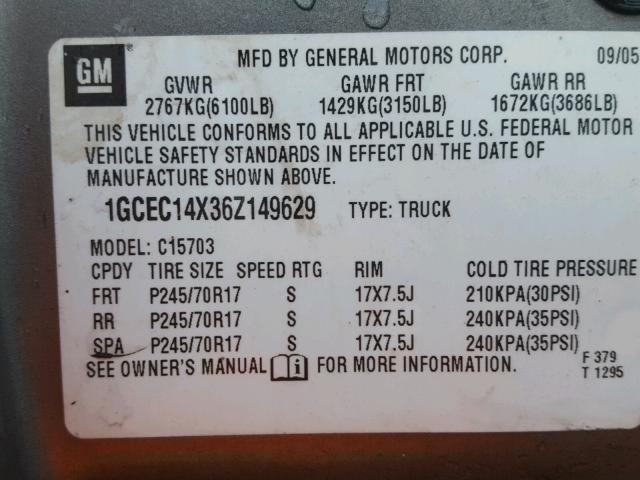 1GCEC14X36Z149629 - 2006 CHEVROLET SILVERADO GRAY photo 10