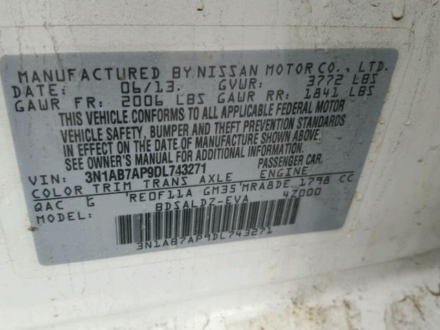 3N1AB7AP9DL743271 - 2013 NISSAN SENTRA S WHITE photo 10