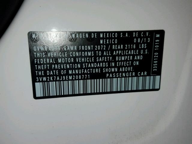 3VW2K7AJ9EM208771 - 2014 VOLKSWAGEN JETTA BASE თეთრი ფოტო 10
