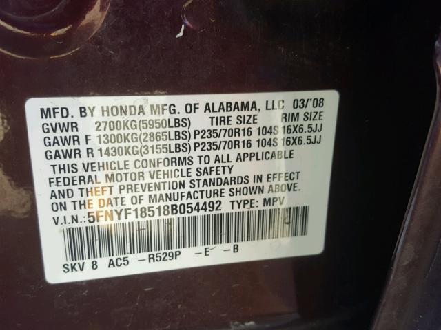 5FNYF18518B054492 - 2008 HONDA PILOT EXL BURGUNDY photo 10