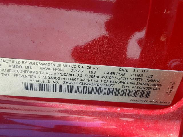 3VWJZ71K68M091977 - 2008 VOLKSWAGEN JETTA S RED photo 10