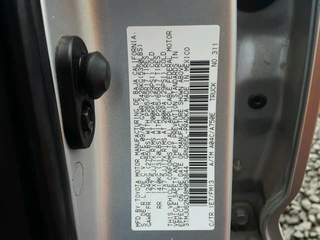 3TMJU62N38M053644 - 2008 TOYOTA TACOMA DOU SILVER photo 10