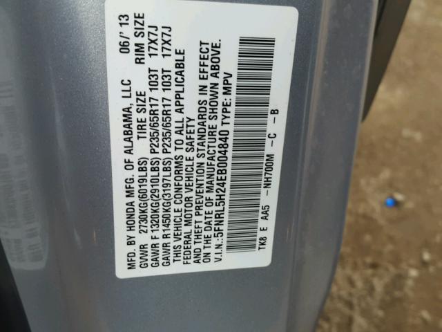 5FNRL5H24EB004840 - 2014 HONDA ODYSSEY LX GRAY photo 10