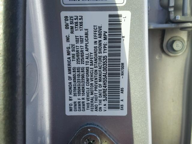 5J6RE4H55AL003535 - 2010 HONDA CR-V EX SILVER photo 10