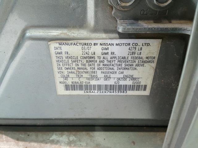 1N4AL21EX7N453983 - 2007 NISSAN ALTIMA 2.5 GREEN photo 10