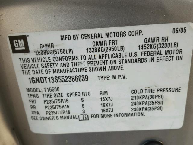 1GNDT13S552386039 - 2005 CHEVROLET TRAILBLAZE SILVER photo 10