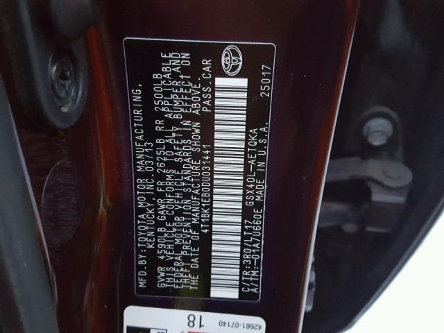 4T1BK1EB0DU031441 - 2013 TOYOTA AVALON BAS PURPLE photo 10