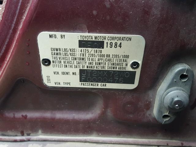 JT2MX72W0F0000475 - 1985 TOYOTA CRESSIDA L BURGUNDY photo 10