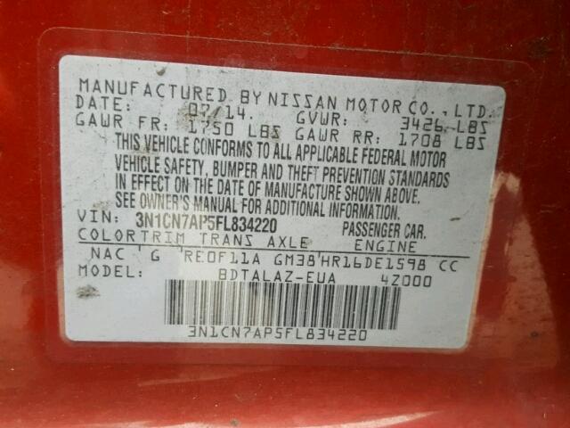 3N1CN7AP5FL834220 - 2015 NISSAN VERSA S RED photo 10