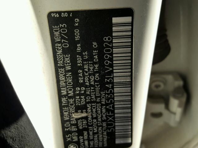 5UXFA53543LV99028 - 2003 BMW X5 3.0I WHITE photo 10