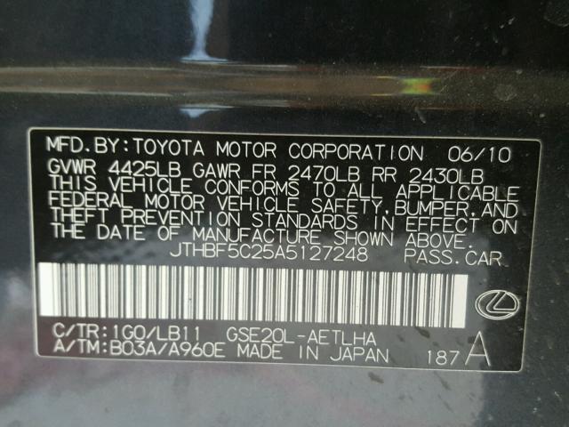 JTHBF5C25A5127248 - 2010 LEXUS IS 250 BLACK photo 10