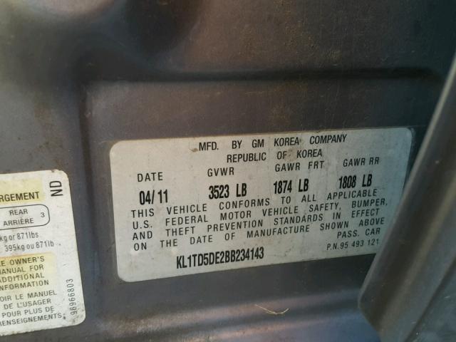 KL1TD5DE2BB234143 - 2011 CHEVROLET AVEO LS GRAY photo 10