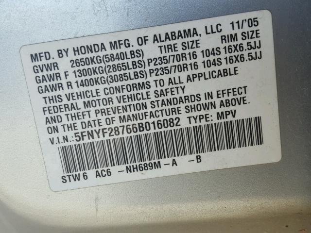 5FNYF28766B016082 - 2006 HONDA PILOT EX GRAY photo 10