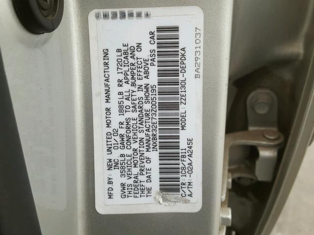 1NXBR32E73Z005195 - 2003 TOYOTA COROLLA SILVER photo 10