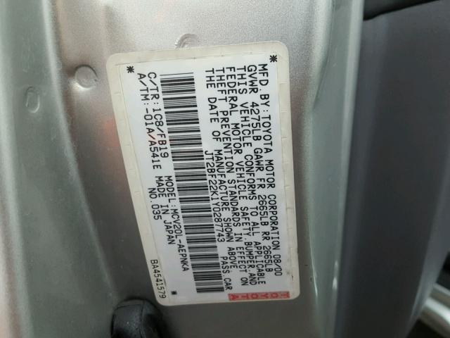 JT2BF22K1Y0287743 - 2000 TOYOTA CAMRY CE SILVER photo 10