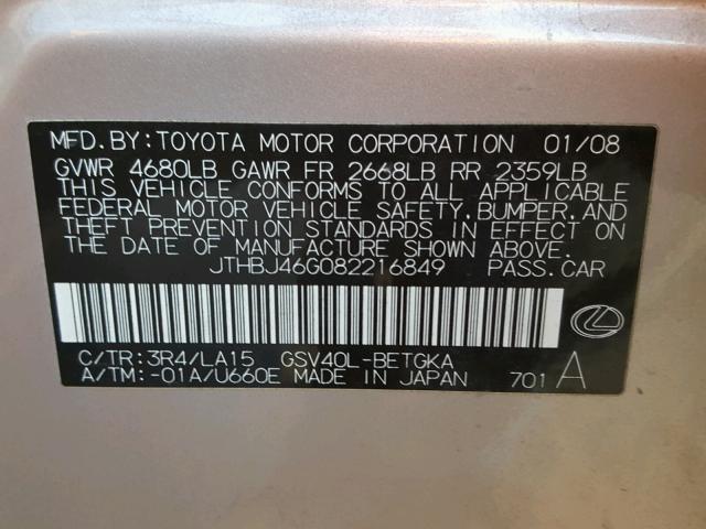 JTHBJ46G082216849 - 2008 LEXUS ES 350 BEIGE photo 10