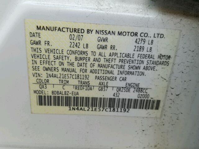 1N4AL21E57C181192 - 2007 NISSAN ALTIMA 2.5 WHITE photo 10