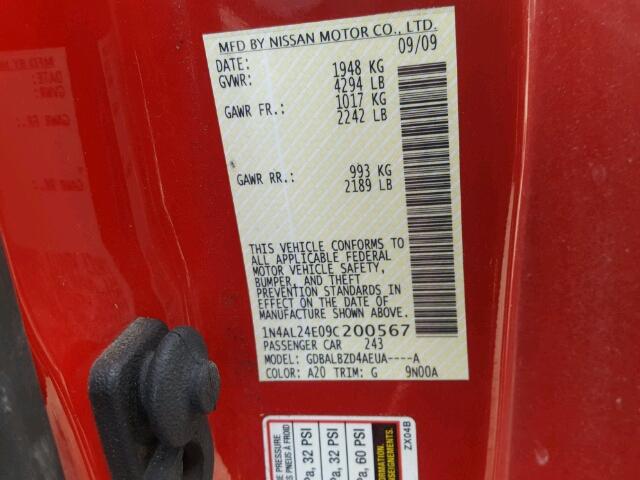 1N4AL24E09C200567 - 2009 NISSAN ALTIMA 2.5 RED photo 10