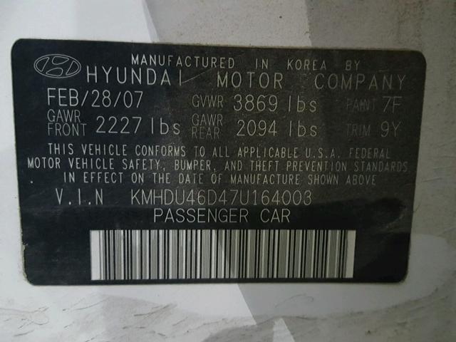 KMHDU46D47U164003 - 2007 HYUNDAI ELANTRA GL WHITE photo 10