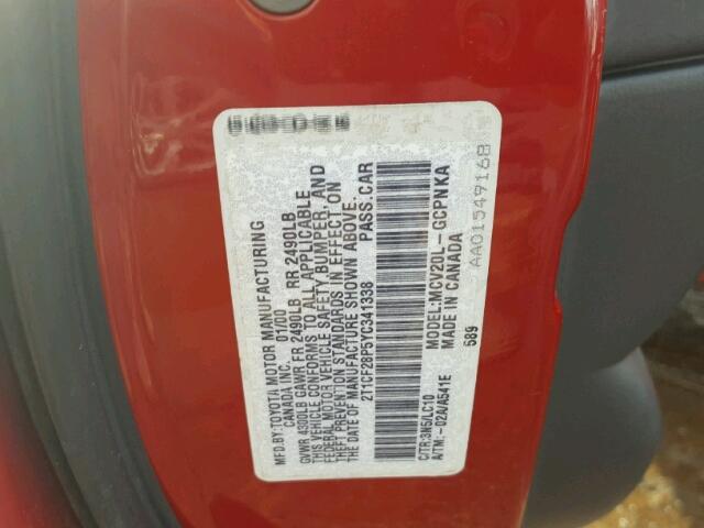 2T1CF28P5YC341338 - 2000 TOYOTA CAMRY SOLA RED photo 10