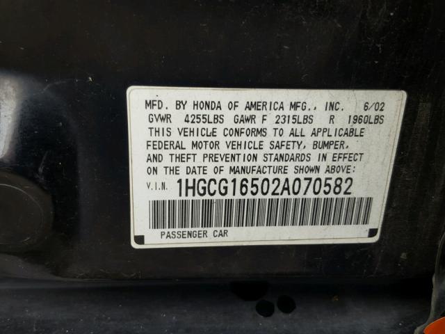 1HGCG16502A070582 - 2002 HONDA ACCORD EX BLACK photo 10