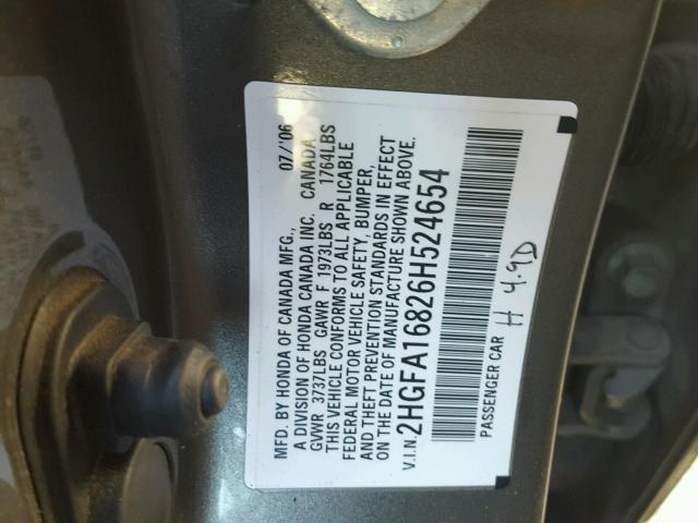 2HGFA16826H524654 - 2006 HONDA CIVIC EX GRAY photo 10