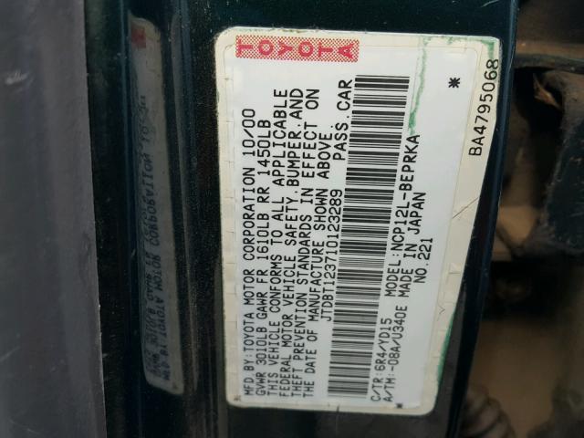 JTDBT123710123289 - 2001 TOYOTA ECHO GREEN photo 10