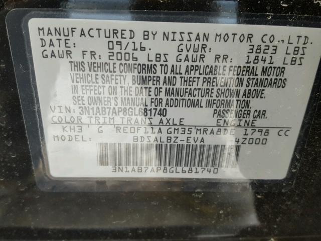 3N1AB7AP8GL681740 - 2016 NISSAN SENTRA S BLACK photo 10