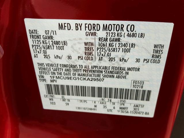 1FMCU9EG1CKA29507 - 2012 FORD ESCAPE LIM RED photo 10