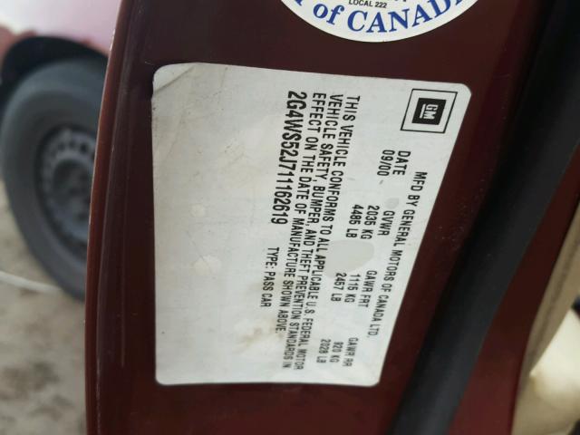 2G4WS52J711162619 - 2001 BUICK CENTURY CU BURGUNDY photo 10