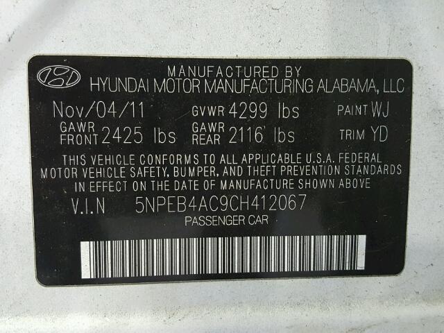 5NPEB4AC9CH412067 - 2012 HYUNDAI SONATA GLS WHITE photo 10