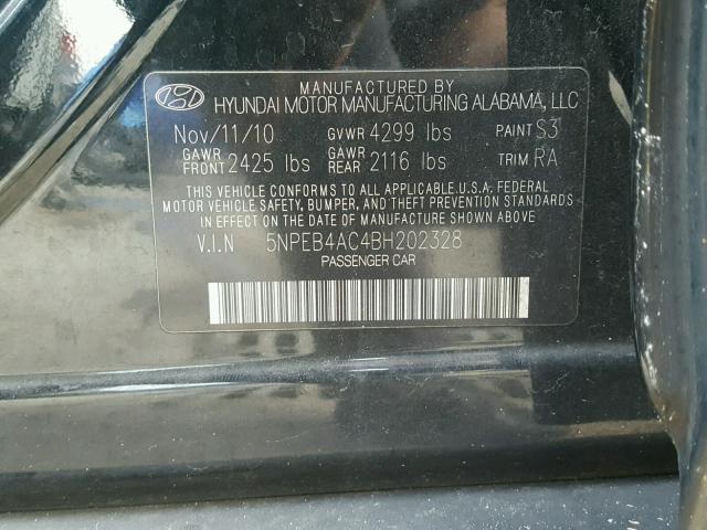 5NPEB4AC4BH202328 - 2011 HYUNDAI SONATA GLS BLACK photo 10