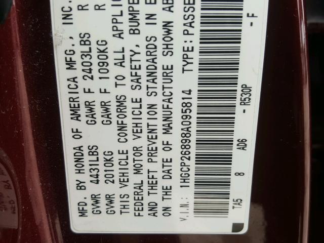 1HGCP26898A095814 - 2008 HONDA ACCORD EXL MAROON photo 10