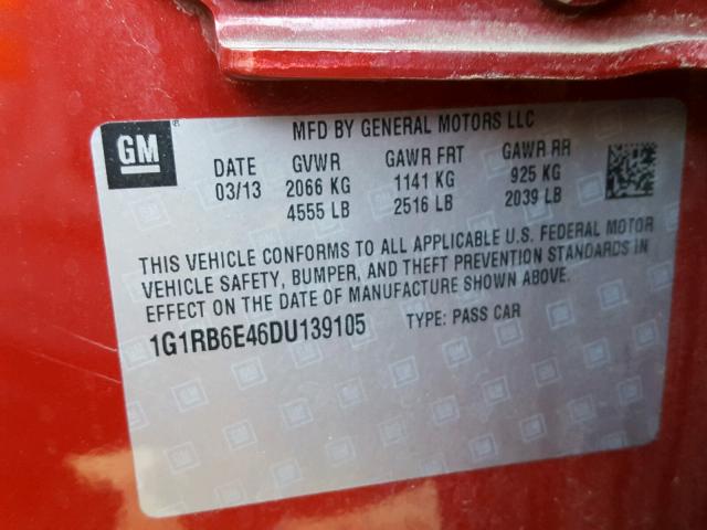 1G1RB6E46DU139105 - 2013 CHEVROLET VOLT RED photo 10