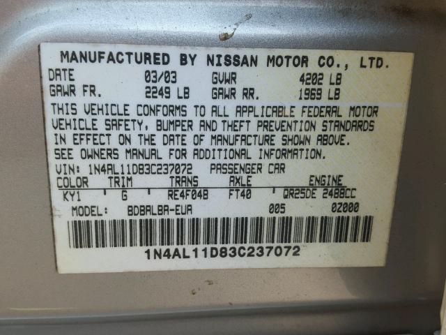 1N4AL11D83C237072 - 2003 NISSAN ALTIMA BAS SILVER photo 10