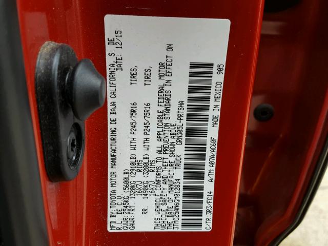 3TMCZ5AN6GM012834 - 2016 TOYOTA TACOMA DOU RED photo 10