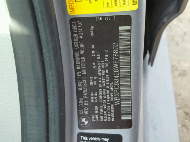 WBXPC93428WE78802 - 2008 BMW X3 3.0SI SILVER photo 10