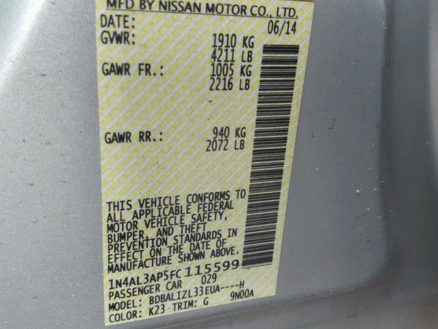 1N4AL3AP5FC115599 - 2015 NISSAN ALTIMA 2.5 SILVER photo 10