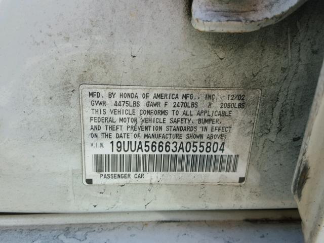 19UUA56663A055804 - 2003 ACURA 3.2TL WHITE photo 10