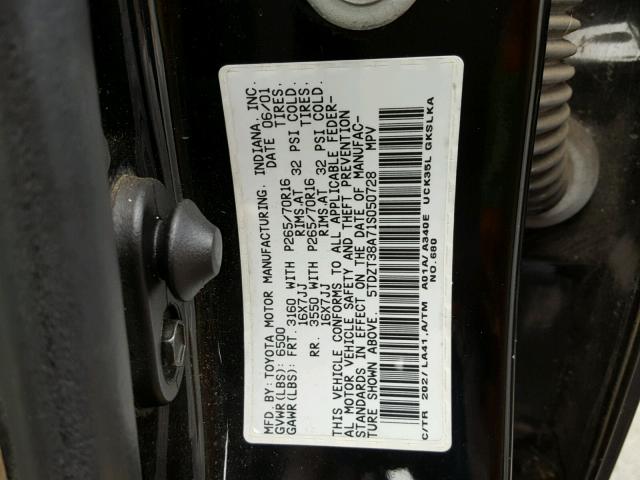 5TDZT38A71S050728 - 2001 TOYOTA SEQUOIA LI BLACK photo 10