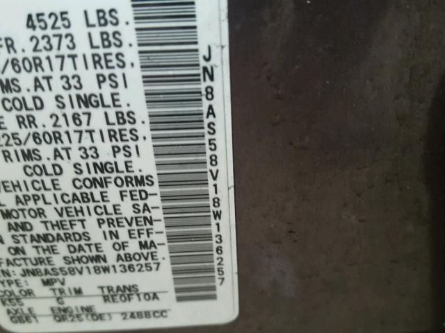 JN8AS58V18W136257 - 2008 NISSAN ROGUE S GRAY photo 10