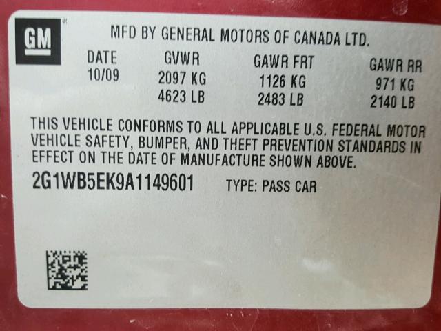 2G1WB5EK9A1149601 - 2010 CHEVROLET IMPALA LT RED photo 10