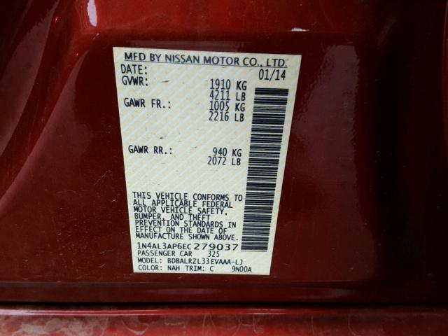 1N4AL3AP6EC279037 - 2014 NISSAN ALTIMA 2.5 RED photo 10