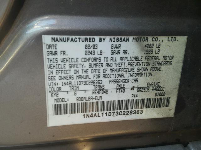 1N4AL11D73C228363 - 2003 NISSAN ALTIMA BAS BEIGE photo 10