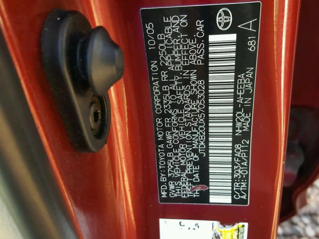 JTDKB20UX57053028 - 2005 TOYOTA PRIUS RED photo 10