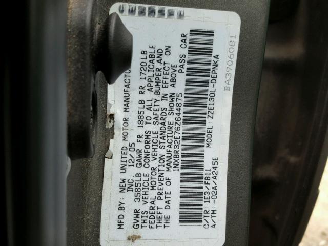 1NXBR32E76Z644875 - 2006 TOYOTA COROLLA CE GRAY photo 10