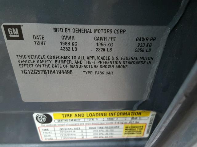 1G1ZG57B784194496 - 2008 CHEVROLET MALIBU LS GRAY photo 10